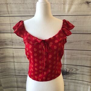 Red Patterned Ruffle Crop Top NWT Large